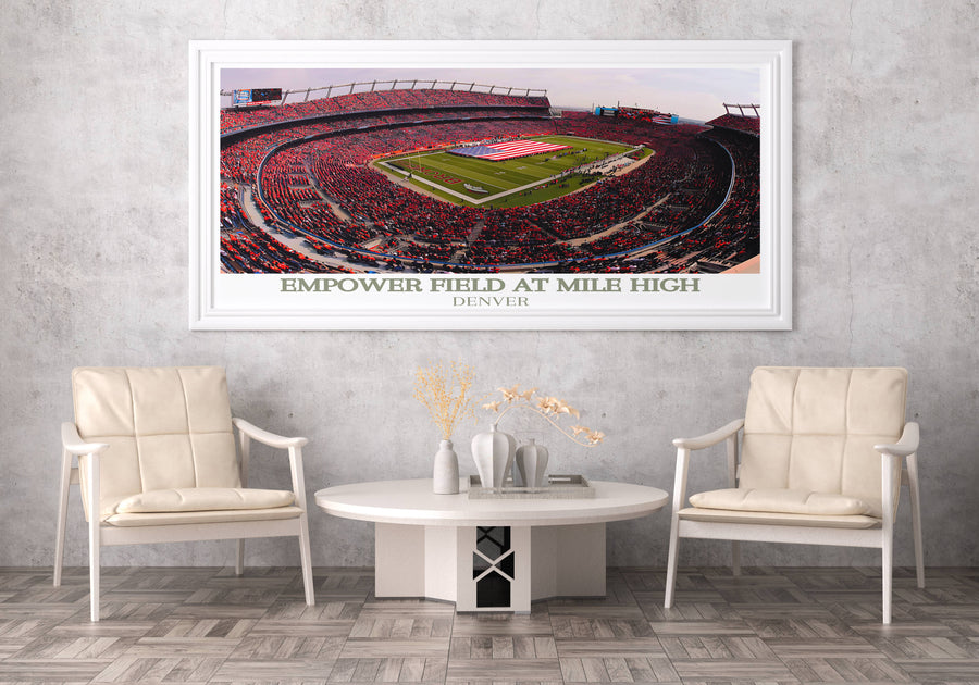 White-framed stadium wall print with red stands, green field, and &
