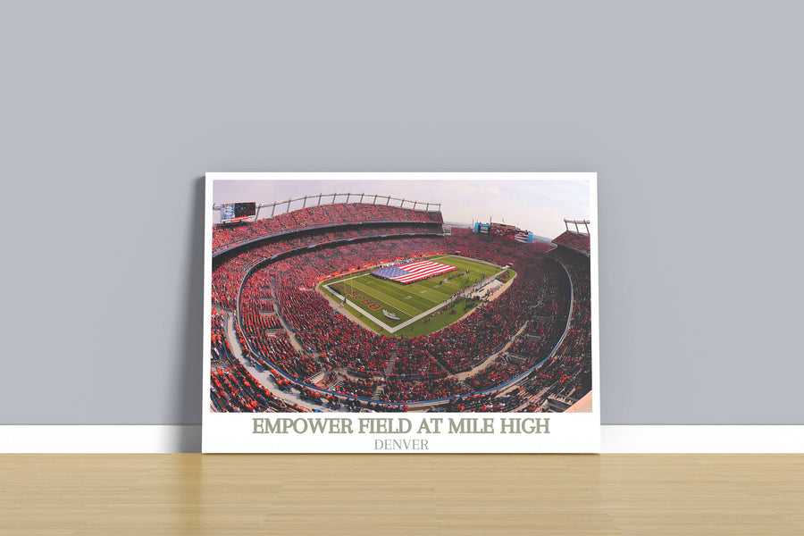 White-framed stadium wall print with red stands, green field, and &