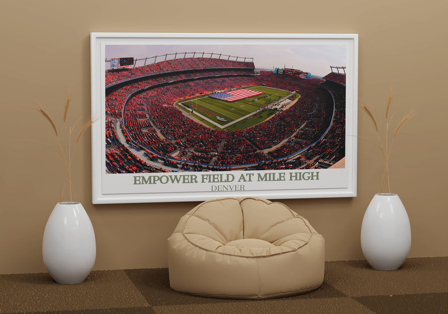 White-framed stadium wall print with red seats, green field, and &