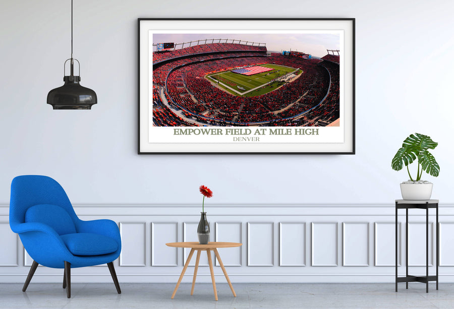 Framed stadium tribute poster with black frame, red arena and field image with “Empower Field at Mile High”