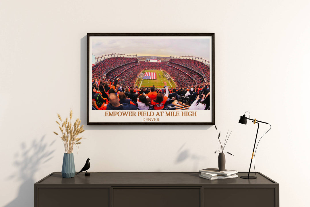 Transform your space with an Empower Field Poster, showcasing the iconic Denver Broncos stadium. This minimalist sports poster is perfect for framing and makes a thoughtful housewarming gift or addition to your home decor.