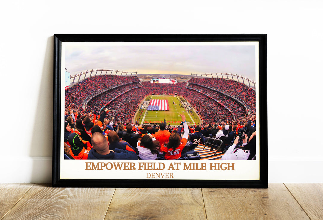 Elevate your space with an Empower Field at Mile High Print, a stunning tribute to the Denver Broncos and Mile High Stadium. Perfect for NFL fans, this minimalist sports poster is ideal for office or bedroom wall art.