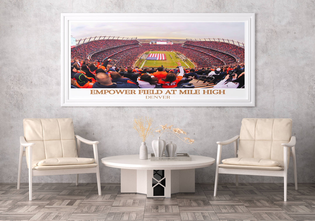 Transform your space with an Empower Field Poster, showcasing the iconic Denver Broncos stadium. This minimalist sports poster is perfect for framing and makes a thoughtful housewarming gift or addition to your home decor.