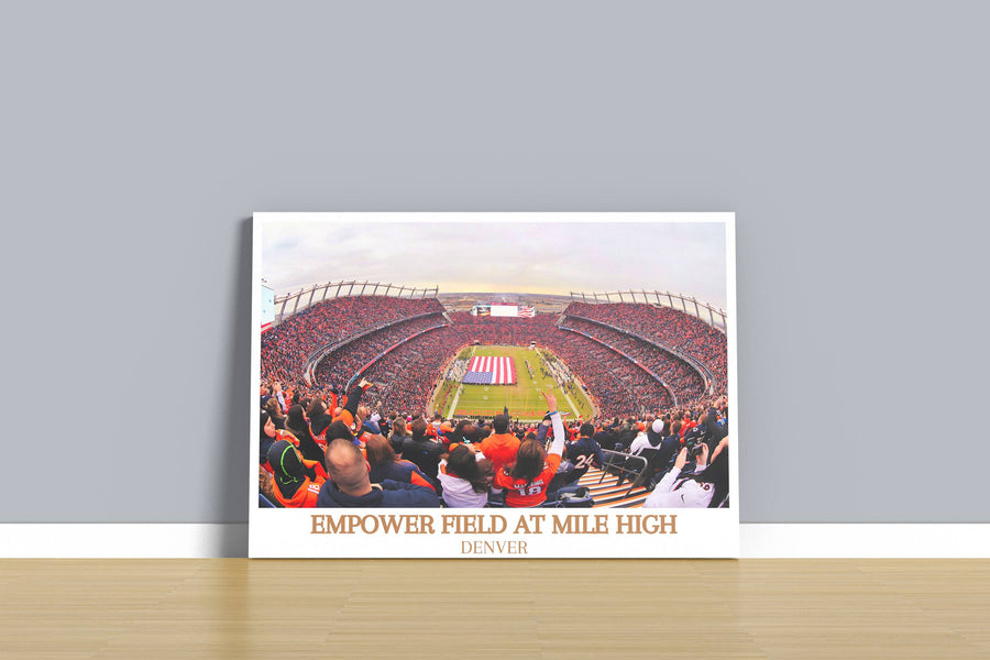Framed Denver Broncos stadium poster with "EMPOWER FIELD AT MILE HIGH" text