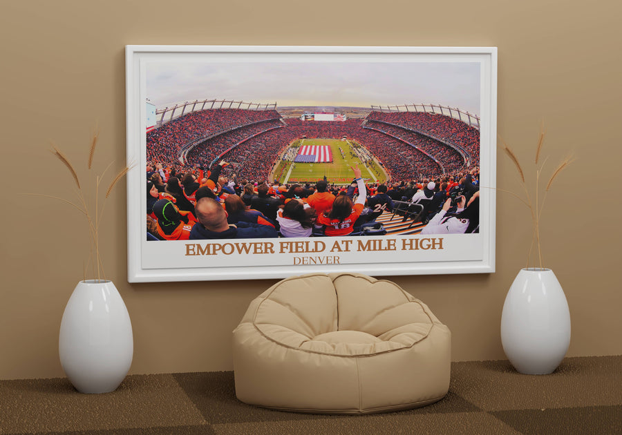 Framed Denver Broncos stadium poster with "EMPOWER FIELD AT MILE HIGH" and DENVER