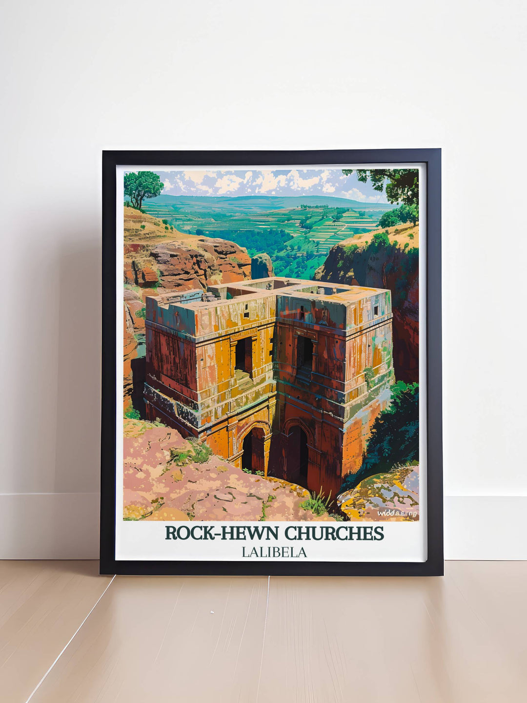 Lalibela poster featuring the iconic skyline of Ethiopias sacred city, a masterpiece that transforms any room with its captivating Lalibela wall decor and invites the spirit of adventure