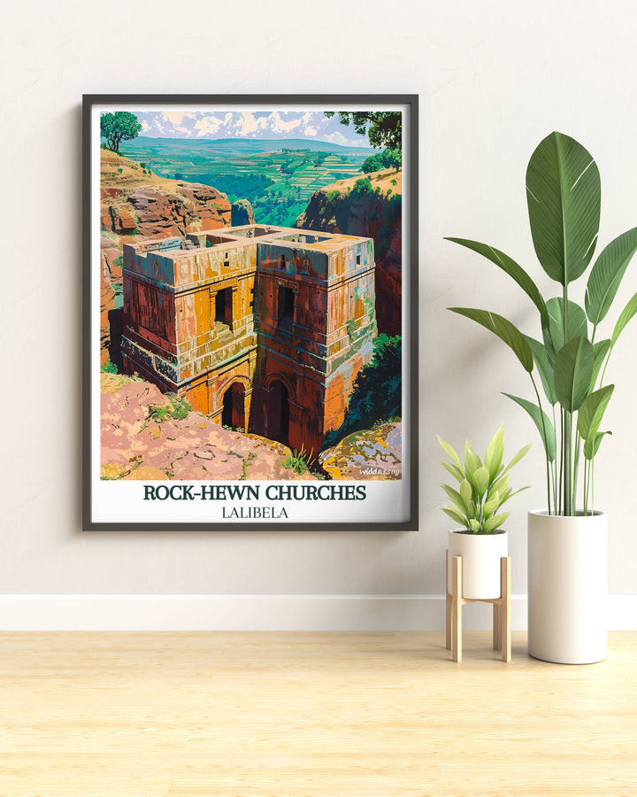 Lalibela poster featuring the iconic skyline of Ethiopias sacred city, a masterpiece that transforms any room with its captivating Lalibela wall decor and invites the spirit of adventure