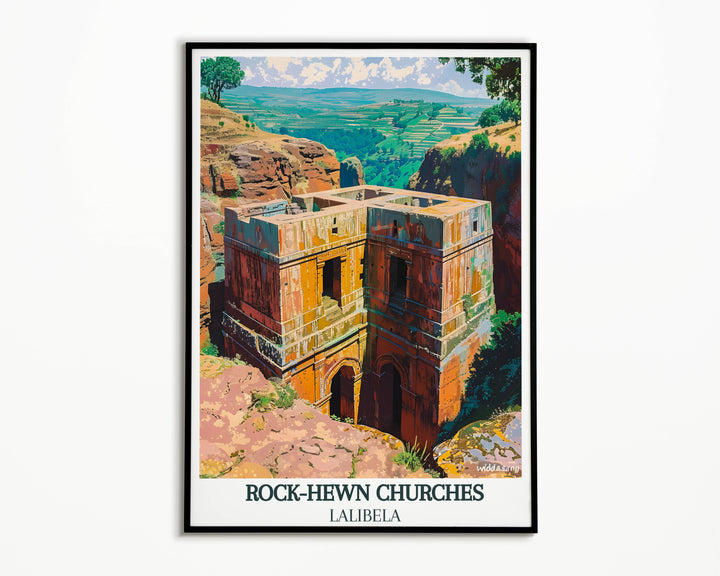 Evocative Lalibela wall decor illustrating the majestic landscapes of Ethiopia, this print merges the tranquility of Lalibela with the rich cultural tapestry of Ethiopian art, ideal for collectors