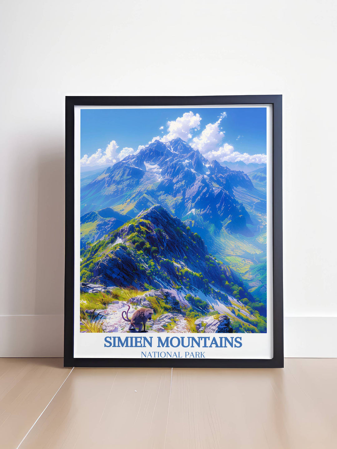 Detailed poster of the Semien Mountains highlighting the rugged landscape and unique wildlife perfect for adventure enthusiasts