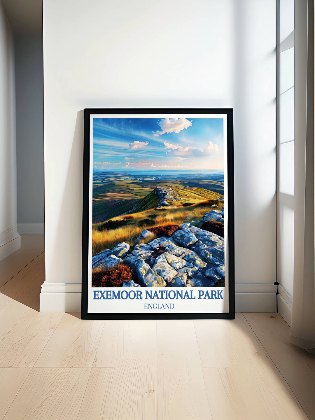  Panoramic view of Dunkery Beacon showing the sweeping landscape of Exmoor National Park under a clear sky, perfect for a serene wall art.