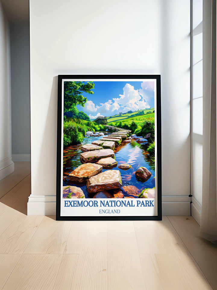  Detailed view of Tarr Steps showcasing the ancient stone slabs crossing the tranquil River Barle, captured in a high quality art print.