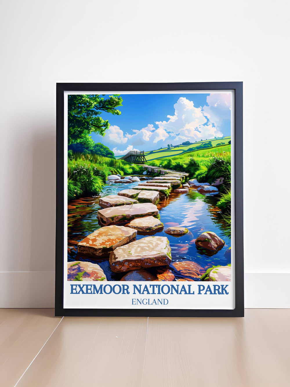 Close up of the weathered stones of Tarr Steps with lush green moss, reflecting in the gently flowing river, ideal for a rustic home decor piece.