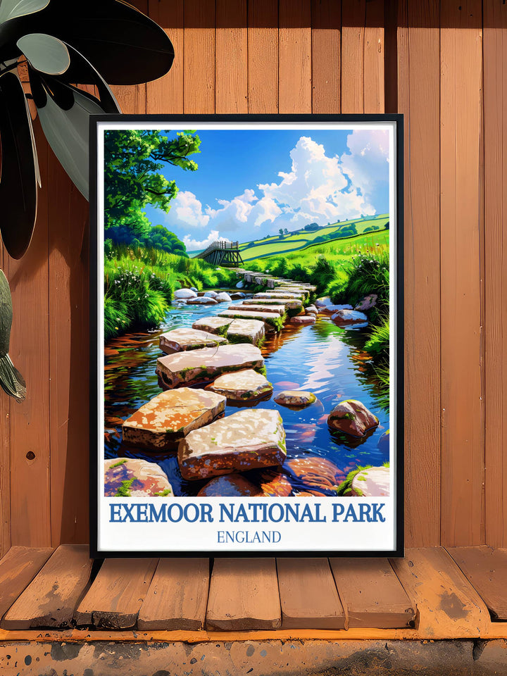 Tarr Steps enveloped in spring bloom, with wildflowers and green foliage enhancing the historic bridge in a beautiful art print.