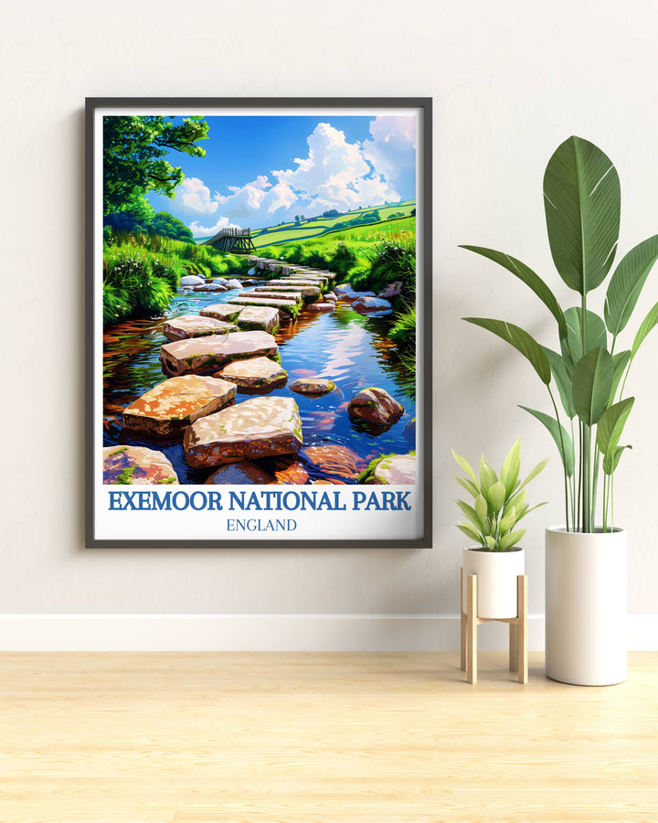 Panoramic shot of Tarr Steps in Exmoor National Park, emphasizing the natural landscape and historical architecture in an exquisite wall art.