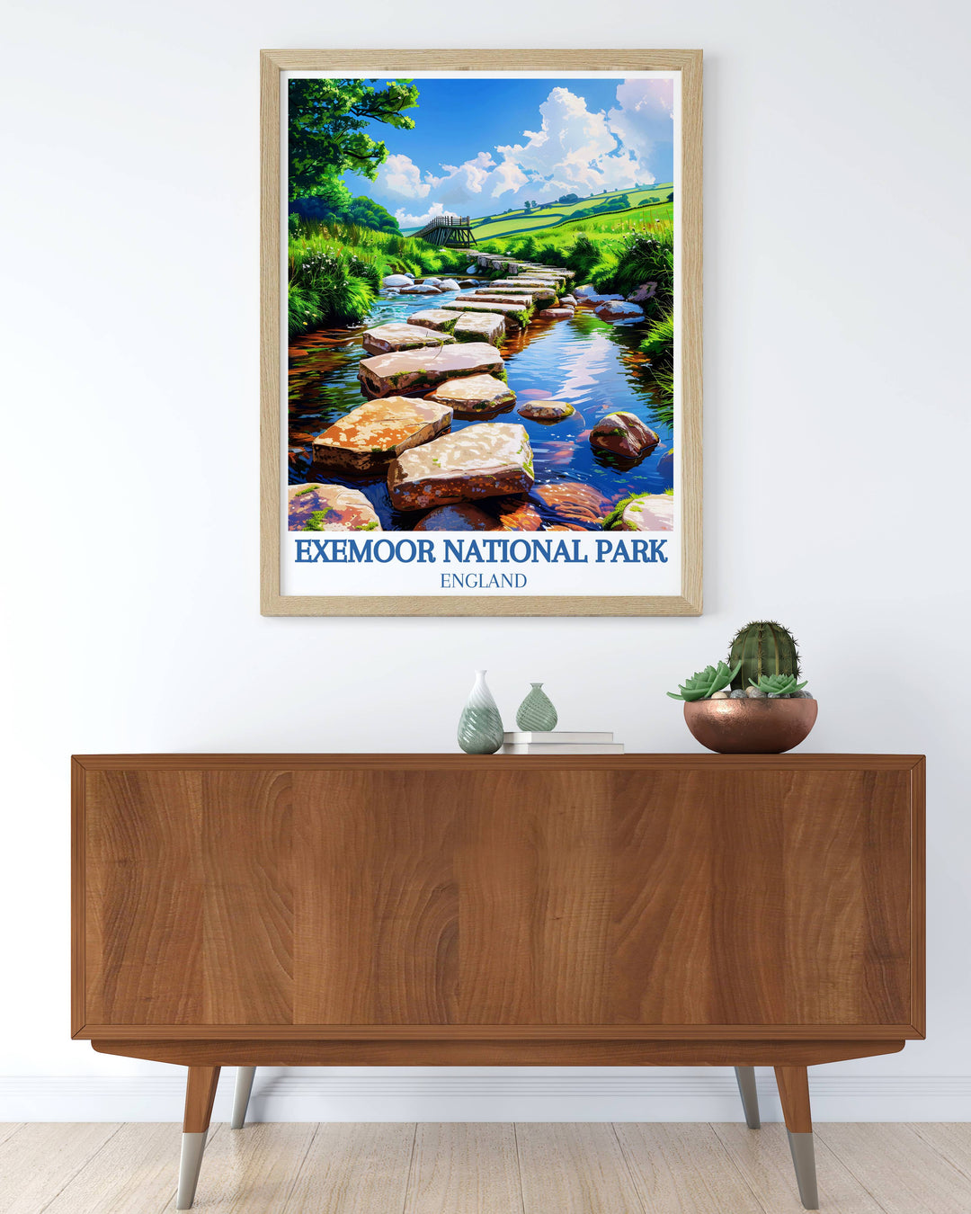 Serene morning at Tarr Steps with mist hovering over the calm waters, captured in a tranquil gallery wall art piece.