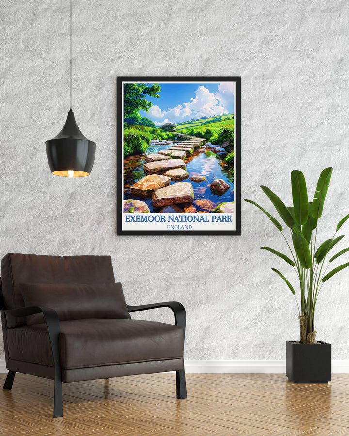 Vibrant summer view at Tarr Steps, showcasing the lush greenery and clear waters in a detailed travel poster.