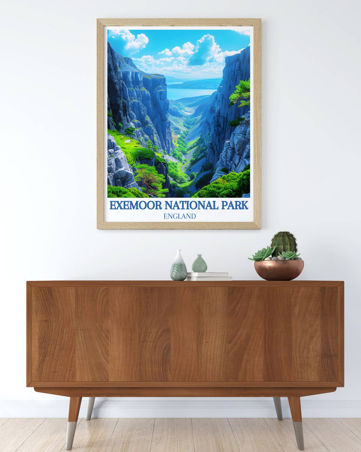 Springtime at Valley of the Rocks, where the lush greenery contrasts with the stark rocks, creating a vibrant framed art print.