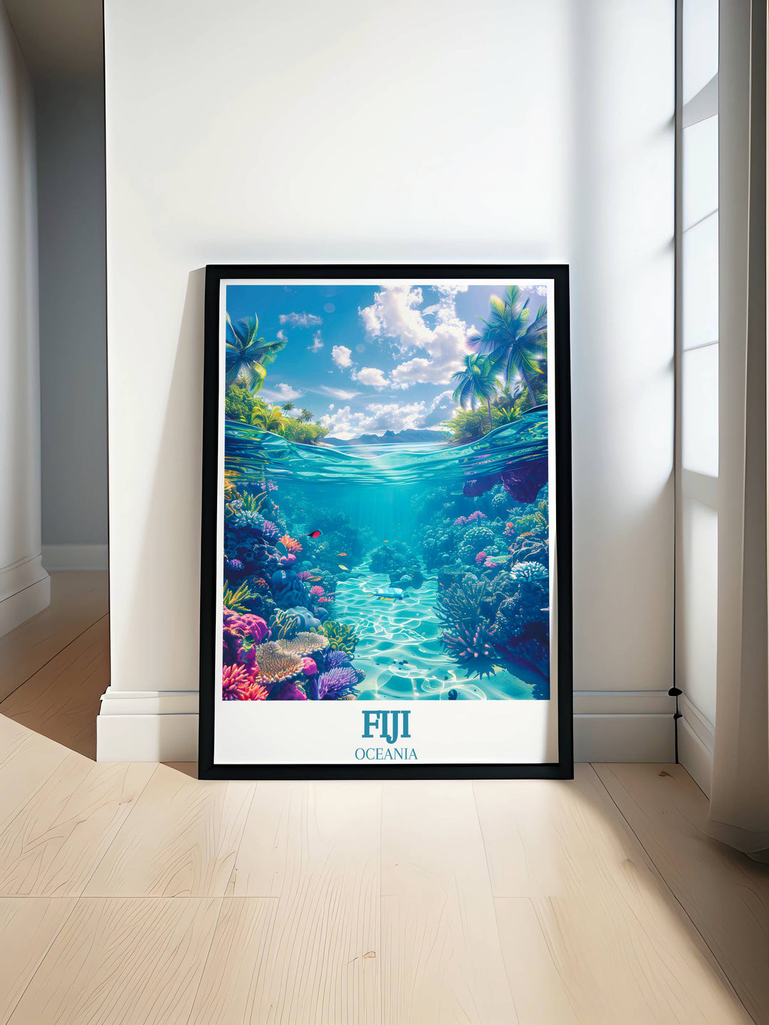 Fiji Oceania Travel Poster capturing the vivid underwater world of The Great Astrolabe Reef, perfect for adding a touch of adventure to any room.