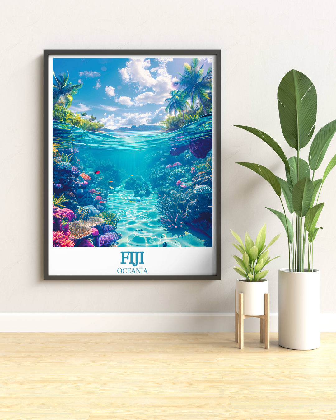 Minimal Travel Print of The Great Astrolabe Reef, offering a sleek and modern depiction of Fiji's natural wonder for contemporary spaces.