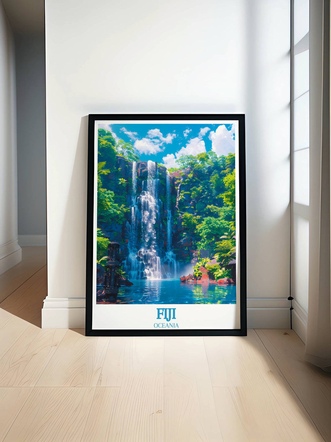 Tranquil Tavoro Falls Fiji Travel Print capturing the serene beauty and lush greenery of Fijis iconic waterfall perfect for enhancing any home decor with a touch of nature