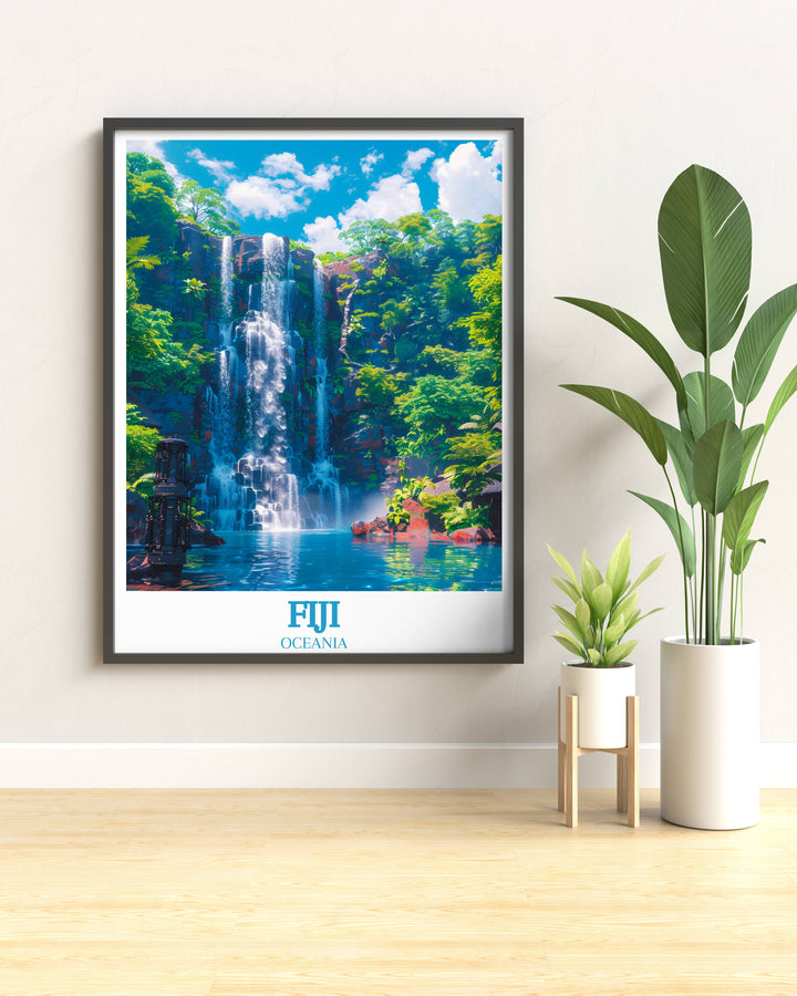 Bringen Sie die Ruhe der Tavoro Falls in Ihr Zuhause mit unserer exklusiven Fidschi-Wandkunst und minimalistischen Reisedrucken