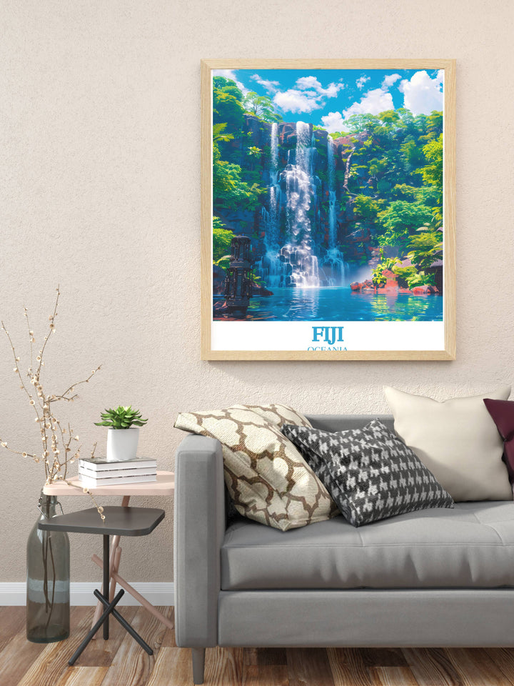 Tavoro Falls Print Artwork a mesmerizing depiction of Fijis natural wonder blending the allure of the falls with the artistic elegance suitable for any wall