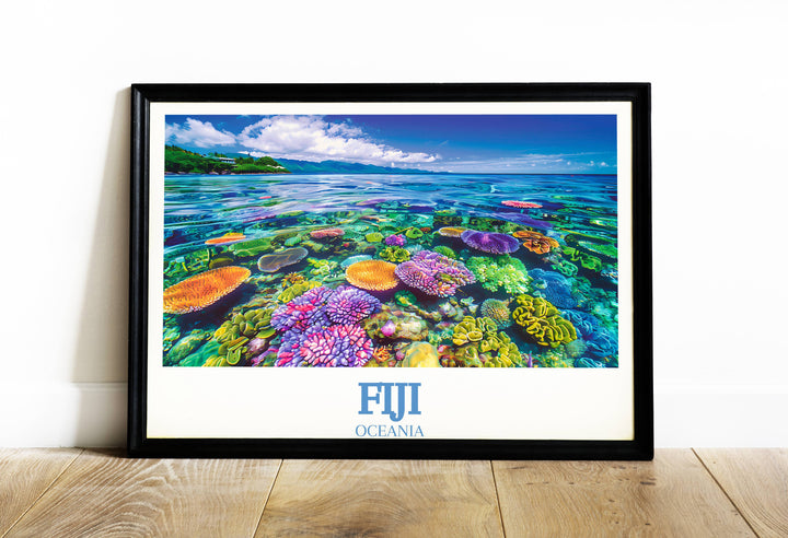 This Fiji Print captures the vibrant marine life and coral diversity of the Great Astrolabe Reef showcasing a mesmerizing underwater scene that brings the essence of Fiji's natural beauty to any space