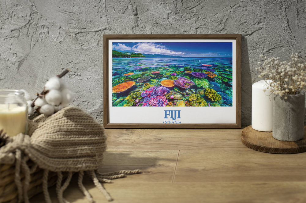 A Fiji Artwork piece depicting the lush landscapes and serene beaches of Fiji blending vibrant colors and detailed textures to transport viewers to this tropical paradise