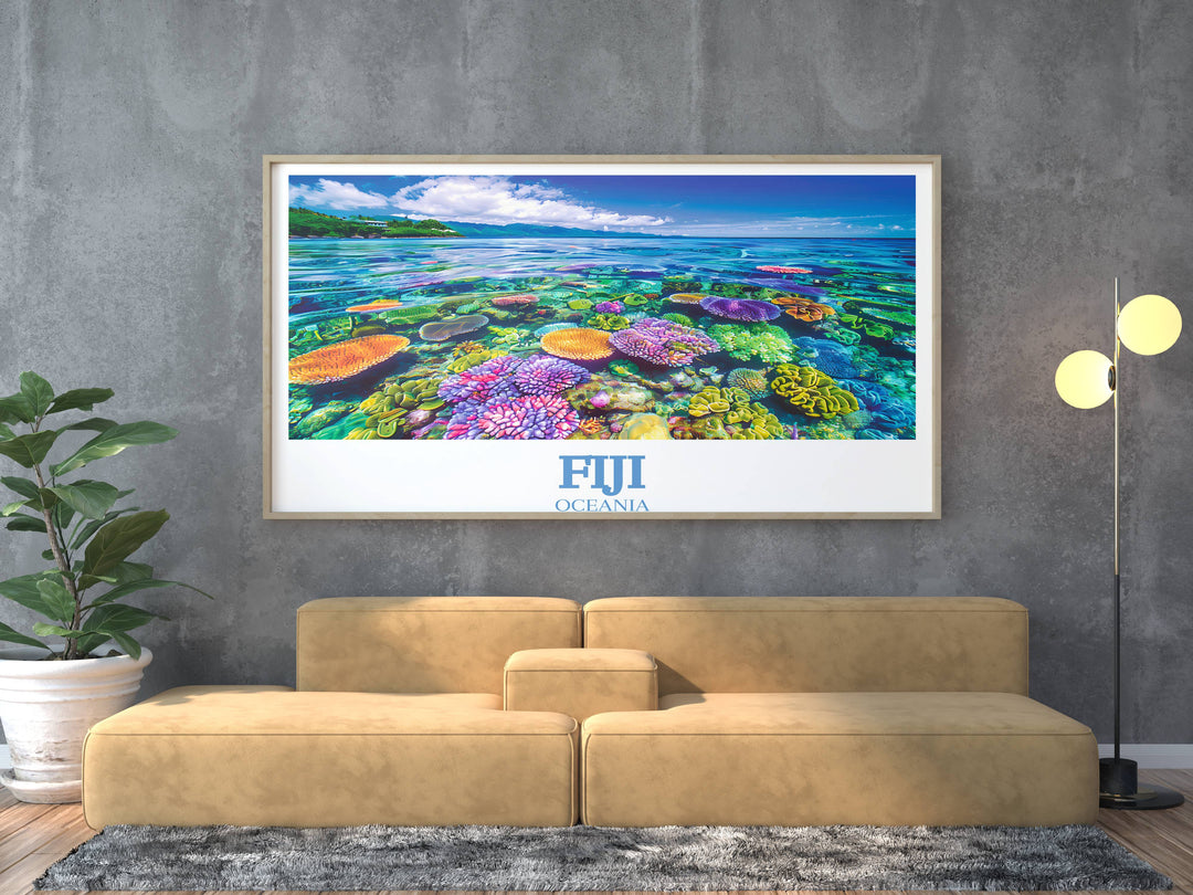 This Fiji Travel Poster combines vivid imagery and artistic flair to highlight Fiji's iconic landscapes inviting wanderlust and dreams of Pacific adventures