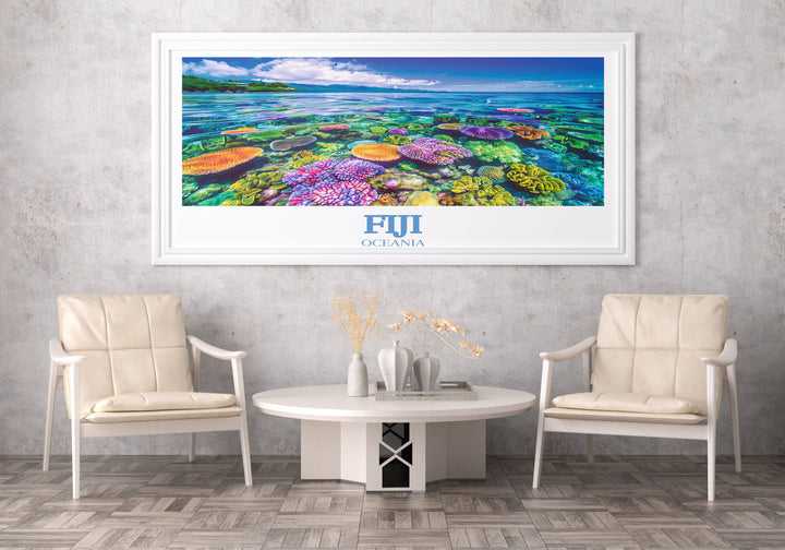 This Fiji Travel Poster combines vivid imagery and artistic flair to highlight Fiji's iconic landscapes inviting wanderlust and dreams of Pacific adventures