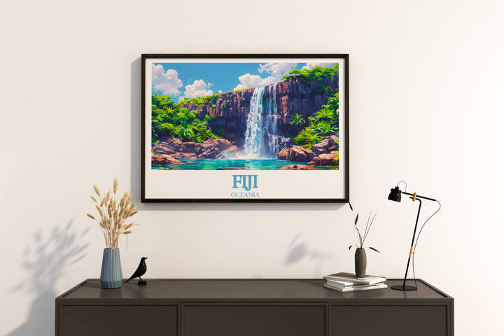 Immerse yourself in the serene allure of Tavoro Falls with this Custom Travel Poster. Capturing the essence of Fiji's natural beauty, this Fiji Print is perfect for adorning your walls with minimalist elegance. Ideal for art lovers and travel aficionados, this Fiji Wall Decor evokes the tranquility of the South Pacific.