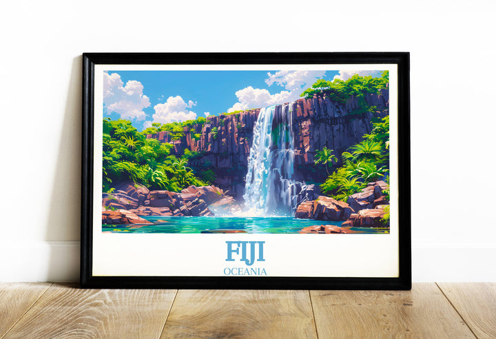 Explore the majestic beauty of Fiji's coastal landscapes with this stunning Fiji Oceania Travel Poster. Featuring Tavoro Falls, this Fiji Poster Print is a must-have for any art lover or travel enthusiast. Bring the essence of Fiji's coastline into your home décor with this captivating Fiji Wall Art.