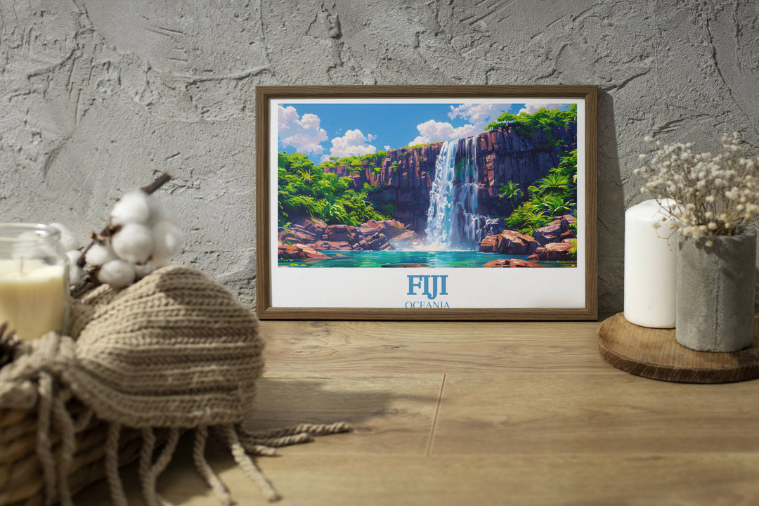 Explore the majestic beauty of Fiji's coastal landscapes with this stunning Fiji Oceania Travel Poster. Featuring Tavoro Falls, this Fiji Poster Print is a must-have for any art lover or travel enthusiast. Bring the essence of Fiji's coastline into your home décor with this captivating Fiji Wall Art.