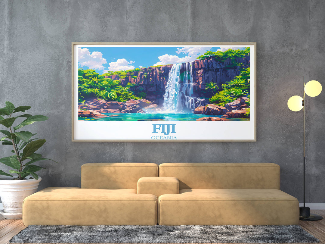 Explore the majestic beauty of Fiji's coastal landscapes with this stunning Fiji Oceania Travel Poster. Featuring Tavoro Falls, this Fiji Poster Print is a must-have for any art lover or travel enthusiast. Bring the essence of Fiji's coastline into your home décor with this captivating Fiji Wall Art.