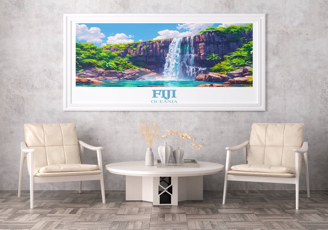 Immerse yourself in the serene allure of Tavoro Falls with this Custom Travel Poster. Capturing the essence of Fiji's natural beauty, this Fiji Print is perfect for adorning your walls with minimalist elegance. Ideal for art lovers and travel aficionados, this Fiji Wall Decor evokes the tranquility of the South Pacific.