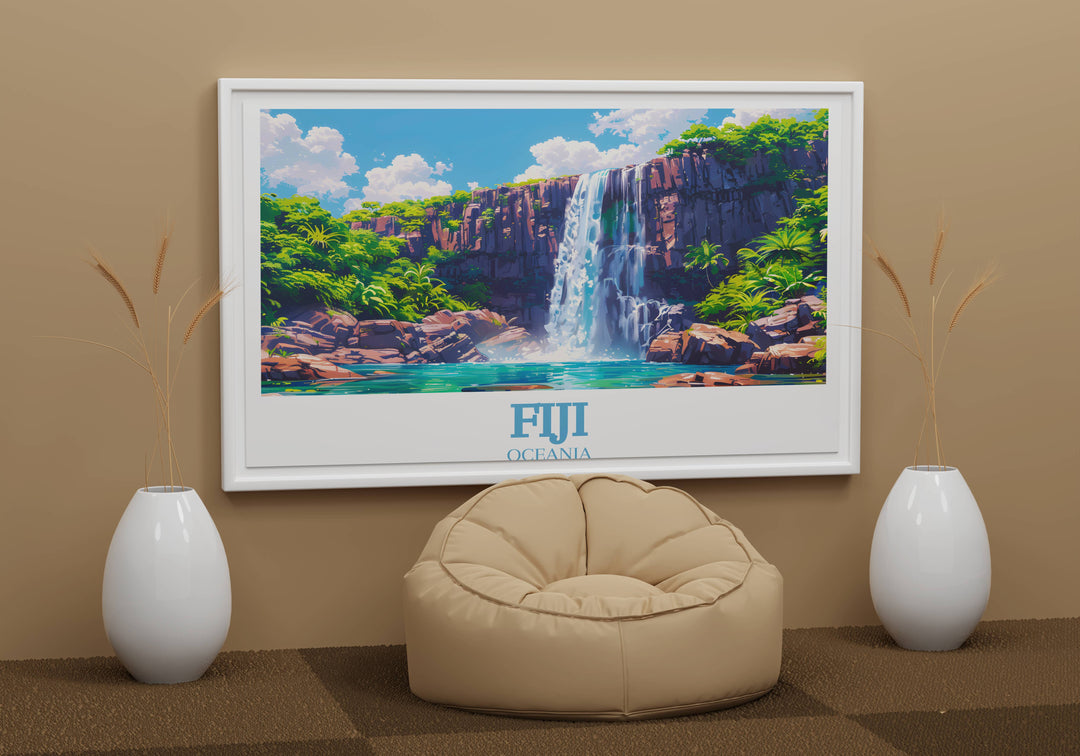 Tavoro Falls Fiji Travel Poster - Fiji Coastal Wall Art featuring Tavoro Falls