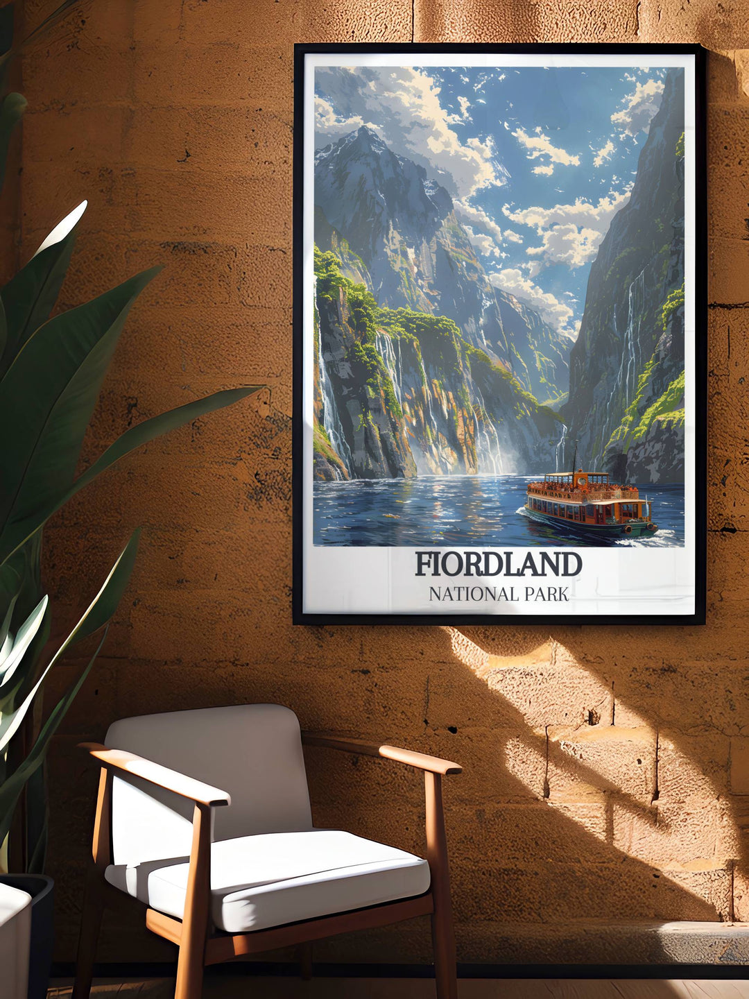Beautifully captured Milford Sound at dawn, light casting golden hues over Mitre Peak and calm waters in this high quality art print.
