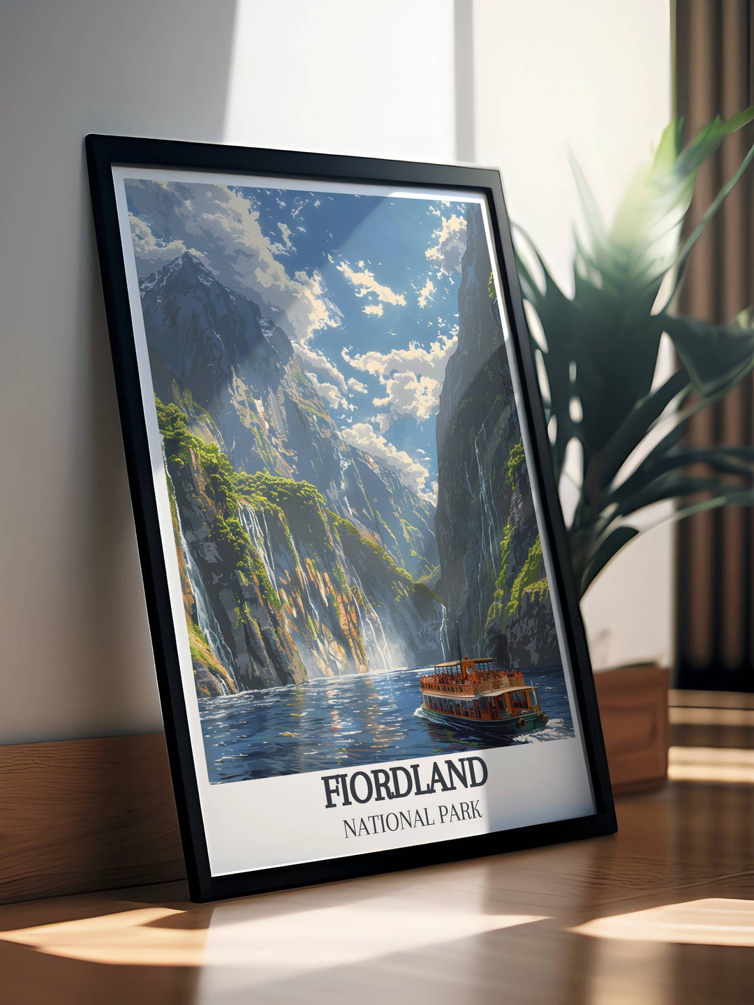 Wildlife of Milford Sound, featuring native birds in flight against a backdrop of dense rainforest, artistically rendered in this print.