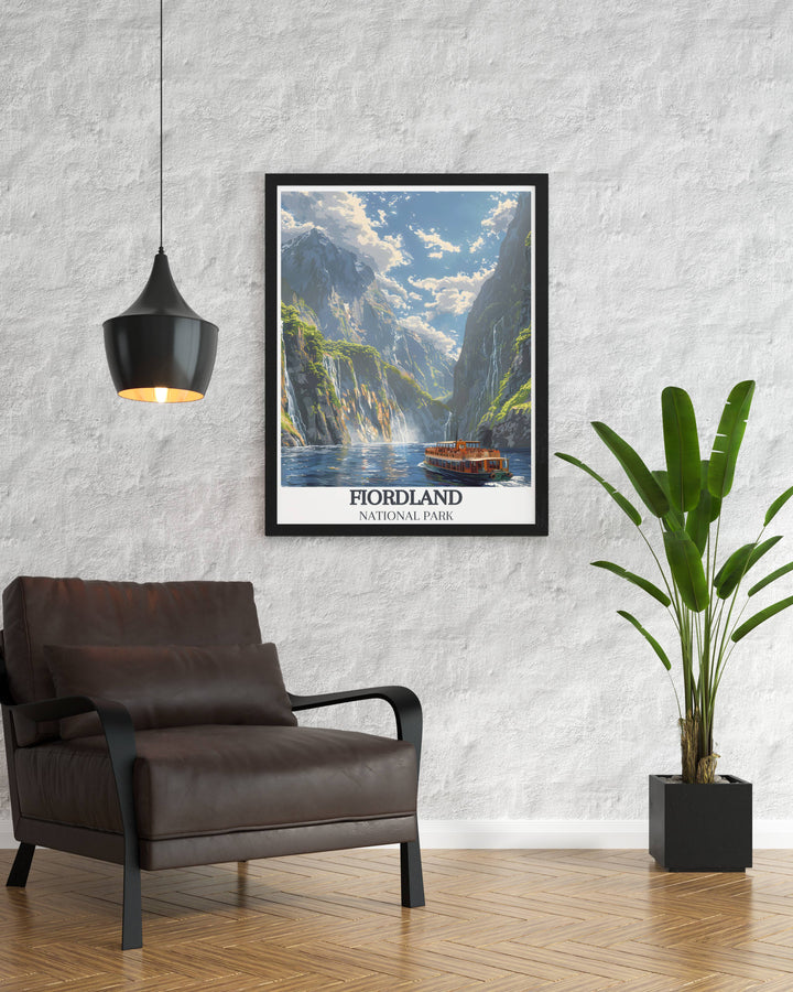 The peaceful evening ambiance at Milford Sound, with twilight colors blending into the natural landscape, depicted in this stunning home décor item.