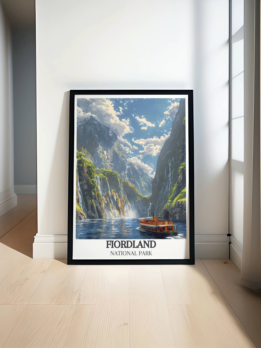 Summer in Milford Sound, with the sun  accentuating the rugged terrain and fjord waters, captured in this unique art piece.