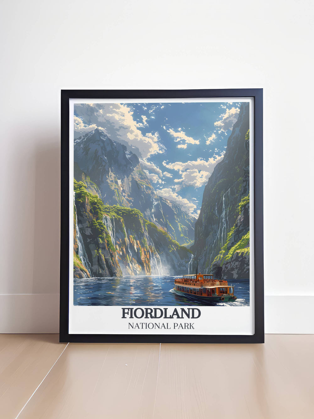  Milford Sound at dawn, light casting golden hues over Mitre Peak and calm waters, beautifully captured in this high quality art print.