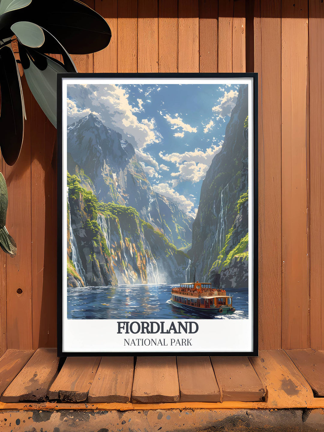 A close up view of the cascading waterfalls in Milford Sound during the rainy season, highlighted in this vividly detailed poster.
