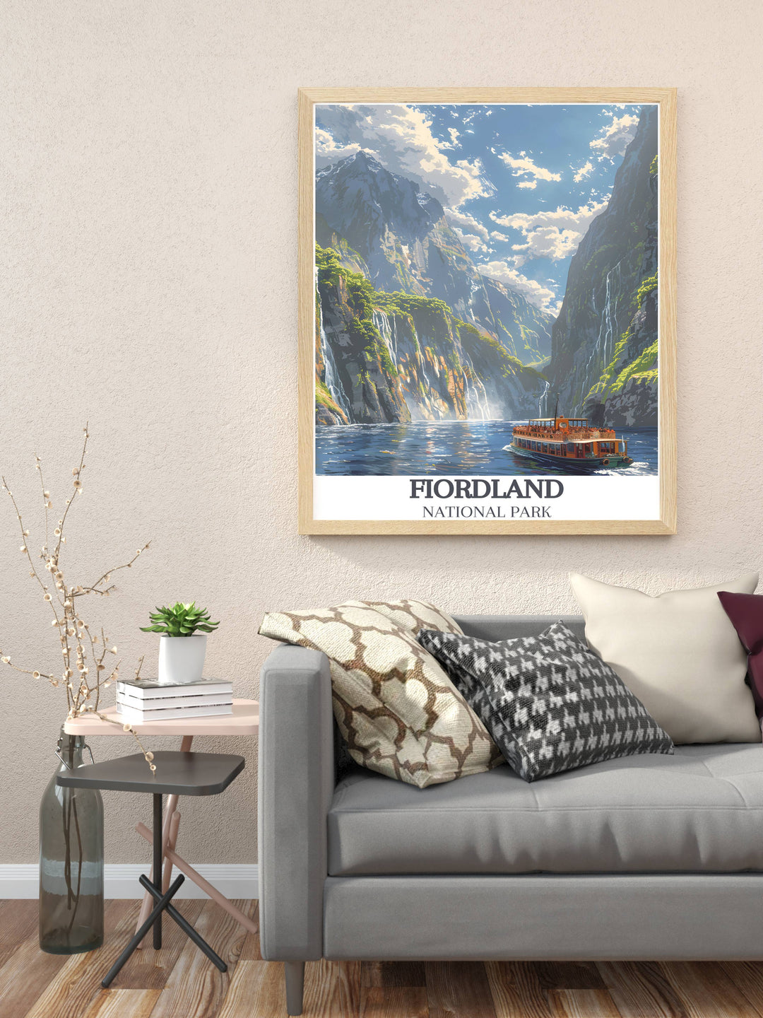 Kayakers exploring the tranquil waters of Milford Sound, surrounded by lush greenery and steep fjords, immortalized in this canvas art.
