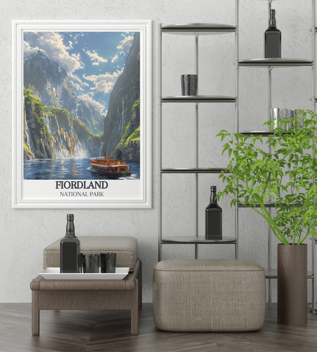 A panoramic view of Milford Sound from the air, highlighting the extensive fjords and dense forests in a breathtaking travel poster.
