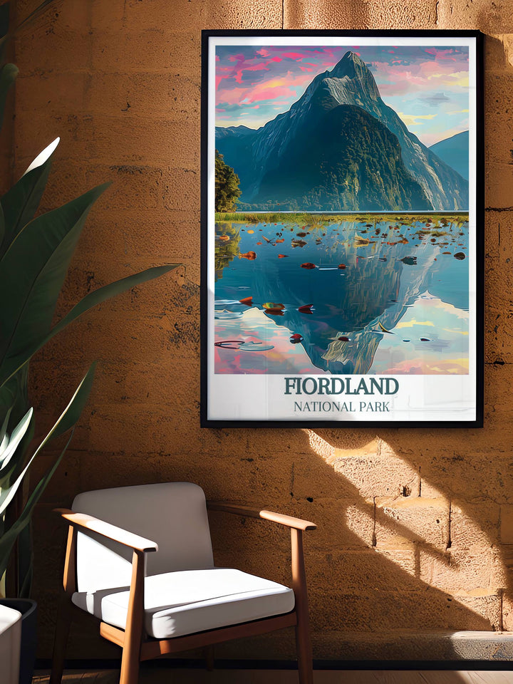 The iconic shape of Mitre Peak framed by the lush Fiordland greenery, showcased in a detailed art print that captures the essence of New Zealands wilderness.