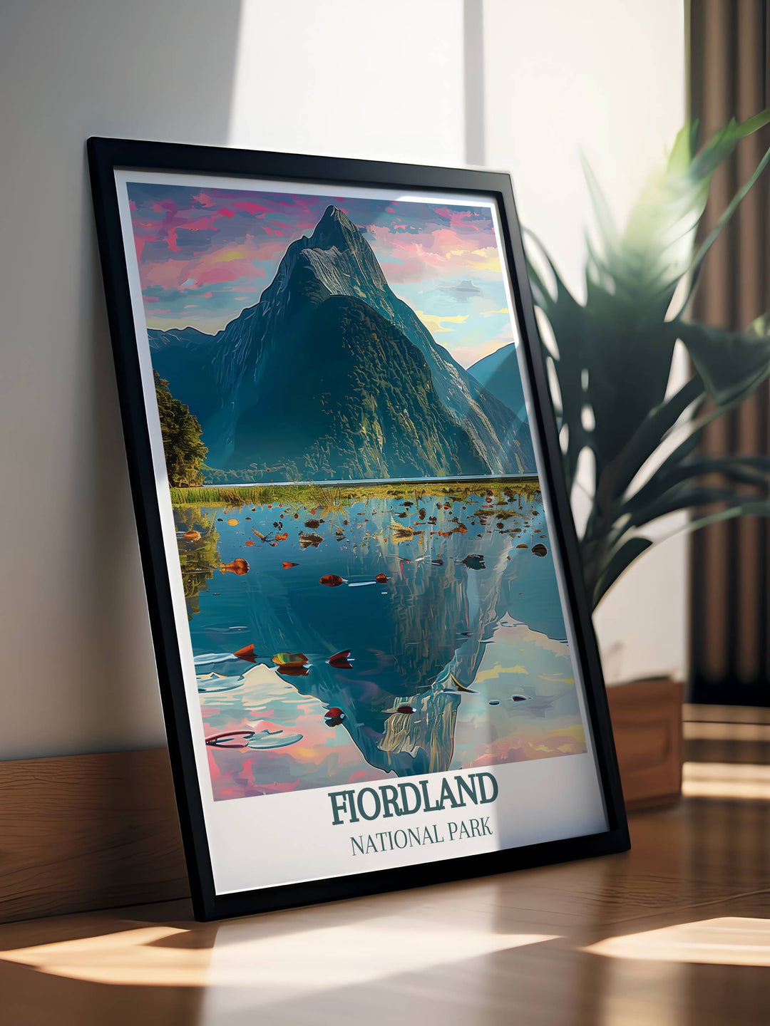A vibrant daylight view of Mitre Peak with clear blue skies and lush surroundings, captured in a detailed print that celebrates New Zealands natural beauty.