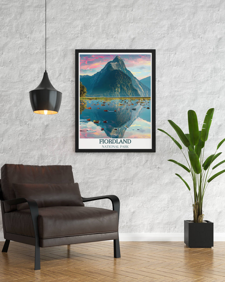 Leaves  gently floating  near the base of Mitre Peak, adding a human element to the grand scale of the landscape in an adventurous art print.