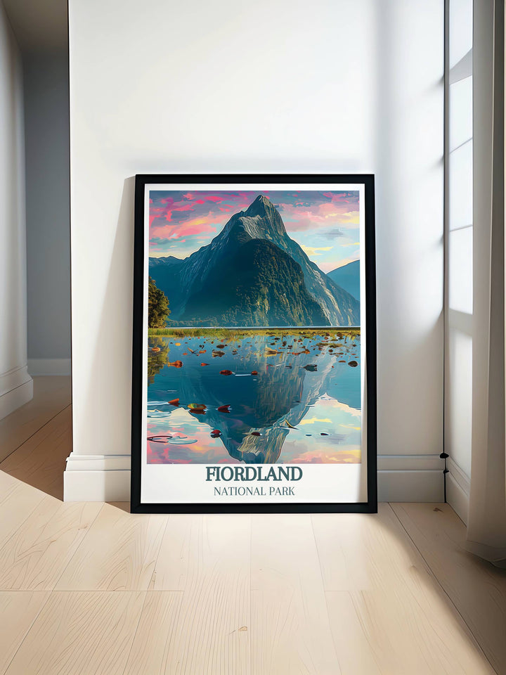 Detailed view of Mitre Peak in Fiordland National Park, featuring its steep cliffs and lush greenery reflected in the tranquil waters of Milford Sound, perfect for a gallery wall art piece.