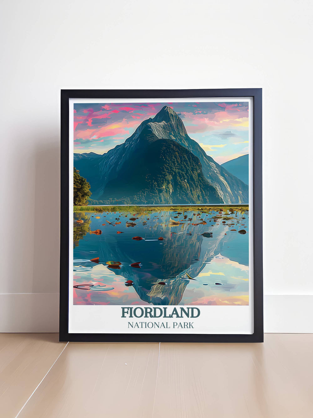 Morning light illuminates the rugged face of Mitre Peak, highlighting its impressive elevation and the surrounding native forests in a custom print designed for outdoor enthusiasts.