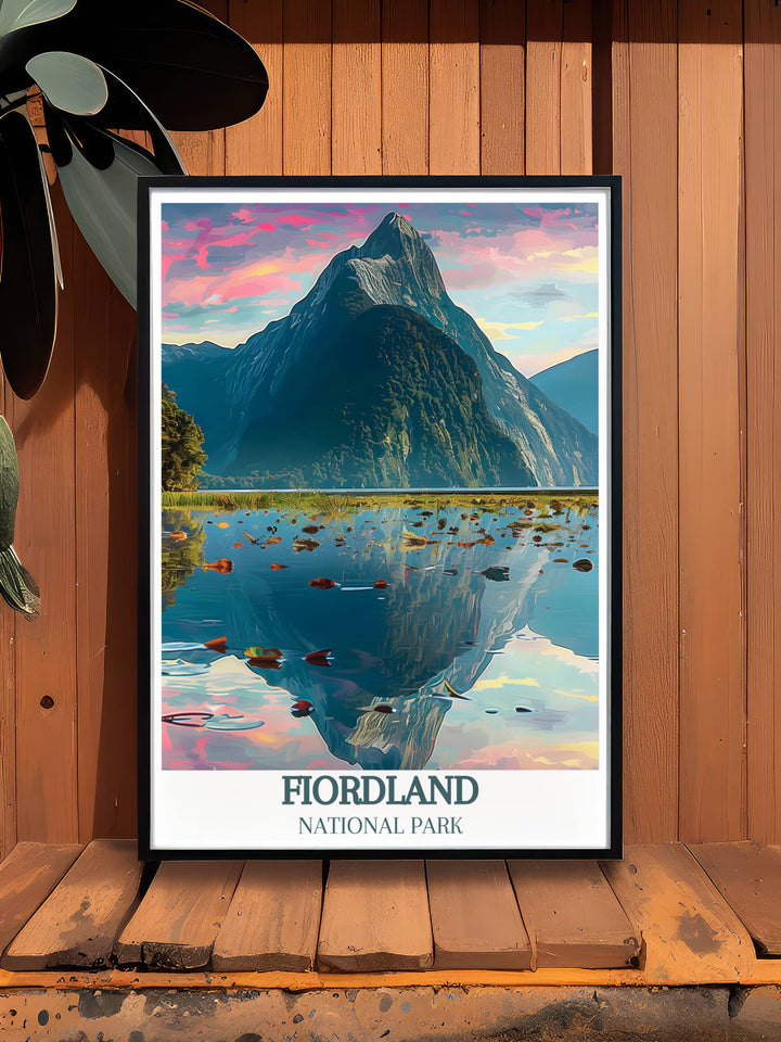 The serene morning atmosphere at Mitre Peak, where the calm waters and clear sky create a perfect reflection, depicted in an elegant wall art piece.